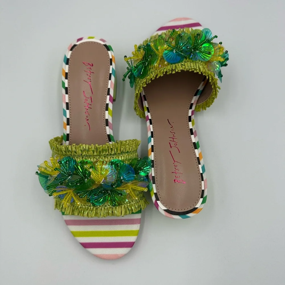 Betsey Johnson PEYTEN Beaded Butterfly Sandals 5.5M Striped Heels new in box